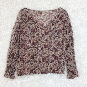 Lucky Brand Sheer Paisley Pocket V Neck Blouse